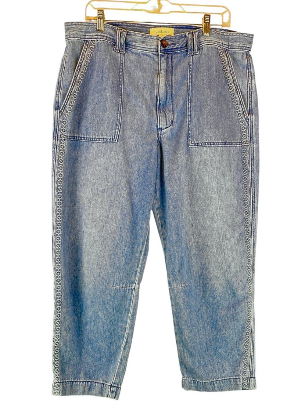 Sundance Embroidered Utility Crop Jeans High Rise Barrel Leg Sz 16